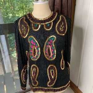 Laurence Kazar Vintage Silk Sequined Paisley 80’s Top Blouse